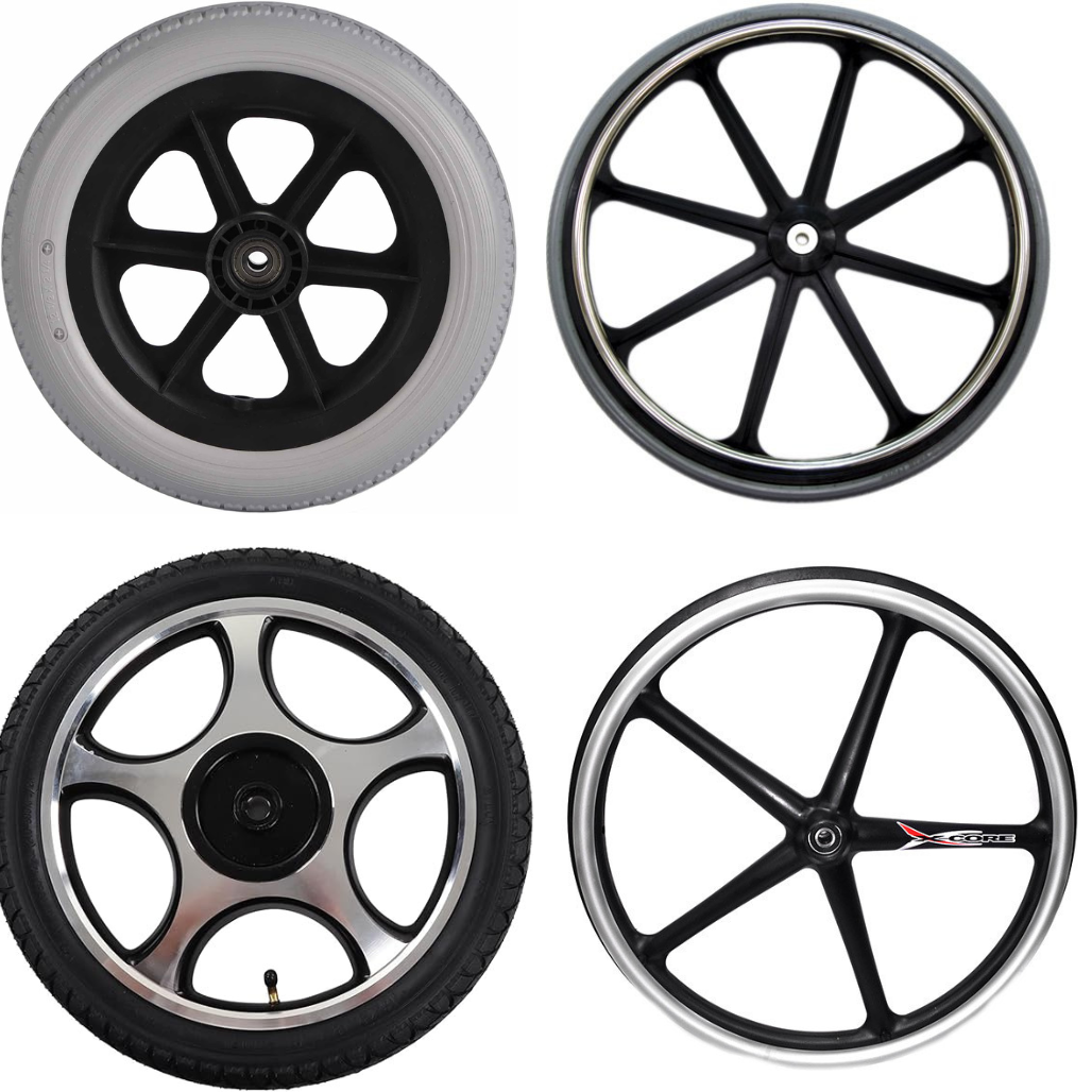 four different mag wheels for wheelchairs . Each with a different number of spokes 