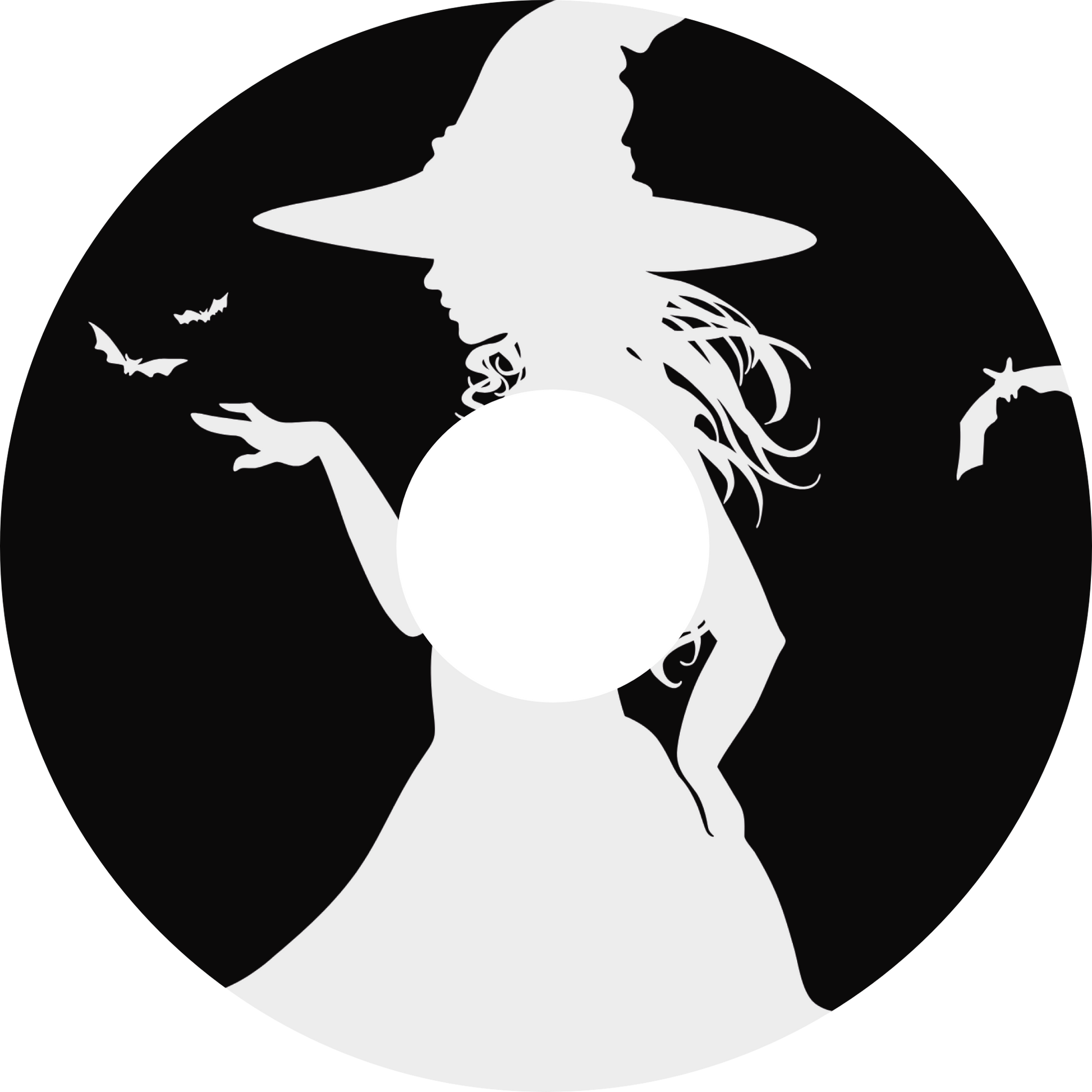 Wheelchair wheel cover featuring the white silhouette of a witch and bats on a black background.