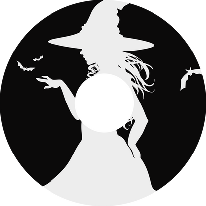 Wheelchair wheel cover featuring the white silhouette of a witch and bats on a black background.