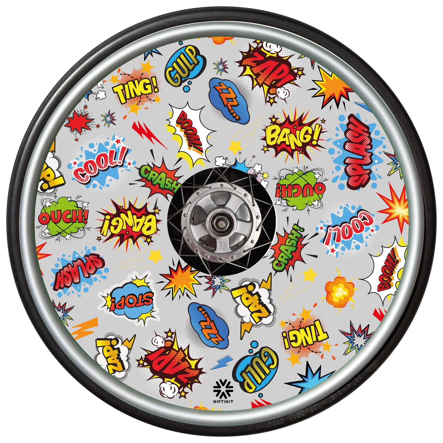 Whizz Pop wheel cover with colorful comic book sound effect graphics on a grey background.