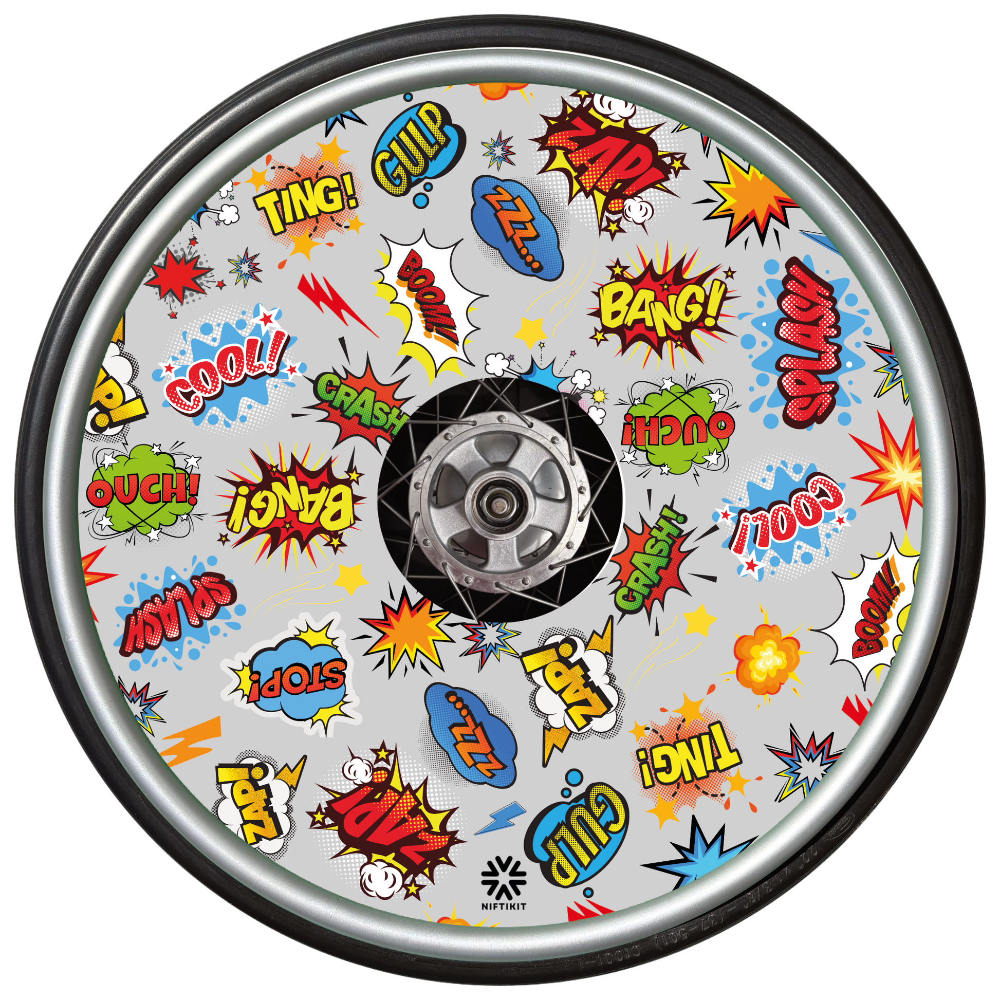 Whizz Pop wheel cover with colorful comic book sound effect graphics on a grey background.