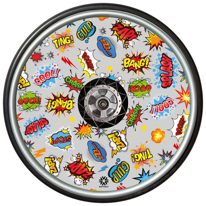 Whizz Pop wheel cover with colorful comic book sound effect graphics on a grey background.