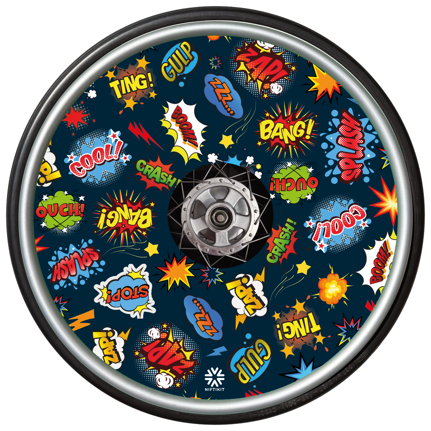Whizz Pop wheel cover with colorful comic book sound effect graphics on a navy blue background.