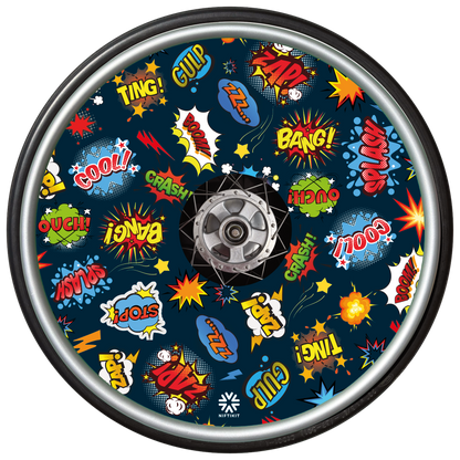 Whizz Pop wheel cover with colorful comic book sound effect graphics on a navy blue background.
