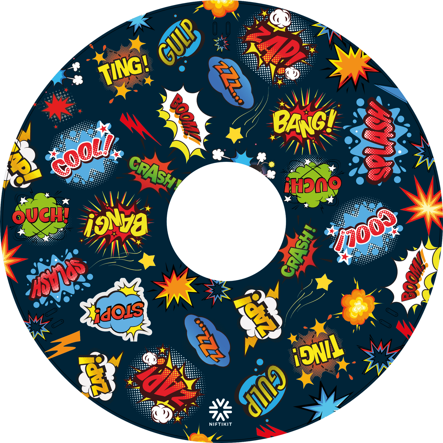 Whizz Pop Spoke guard with colorful comic book sound effect graphics on a navy blue background.