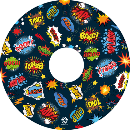 Whizz Pop Spoke guard with colorful comic book sound effect graphics on a navy blue background.