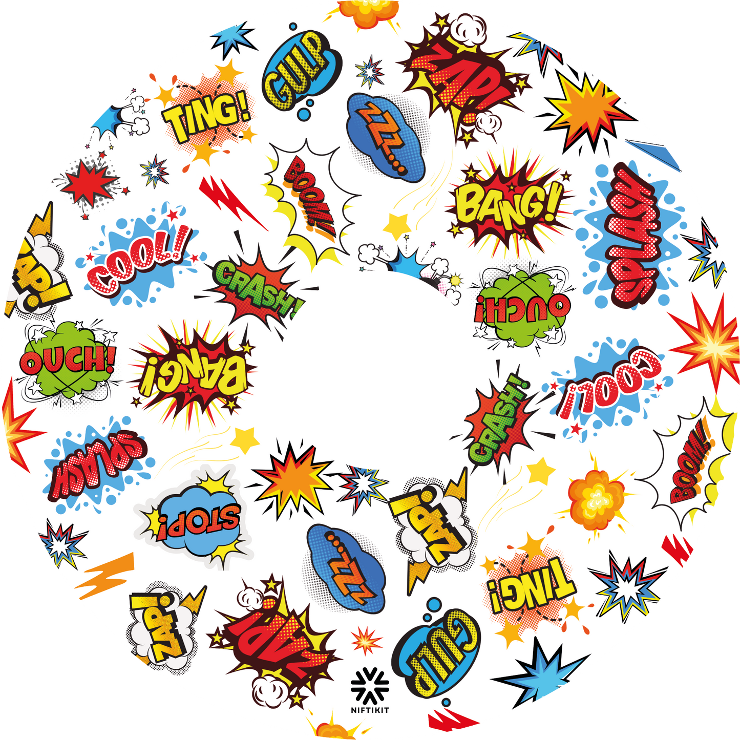 Whizz Pop spoke guard with colorful comic book sound effect graphics on a white background.