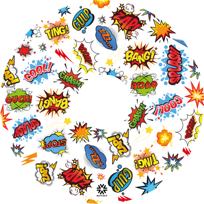 Whizz Pop spoke guard with colorful comic book sound effect graphics on a white background.
