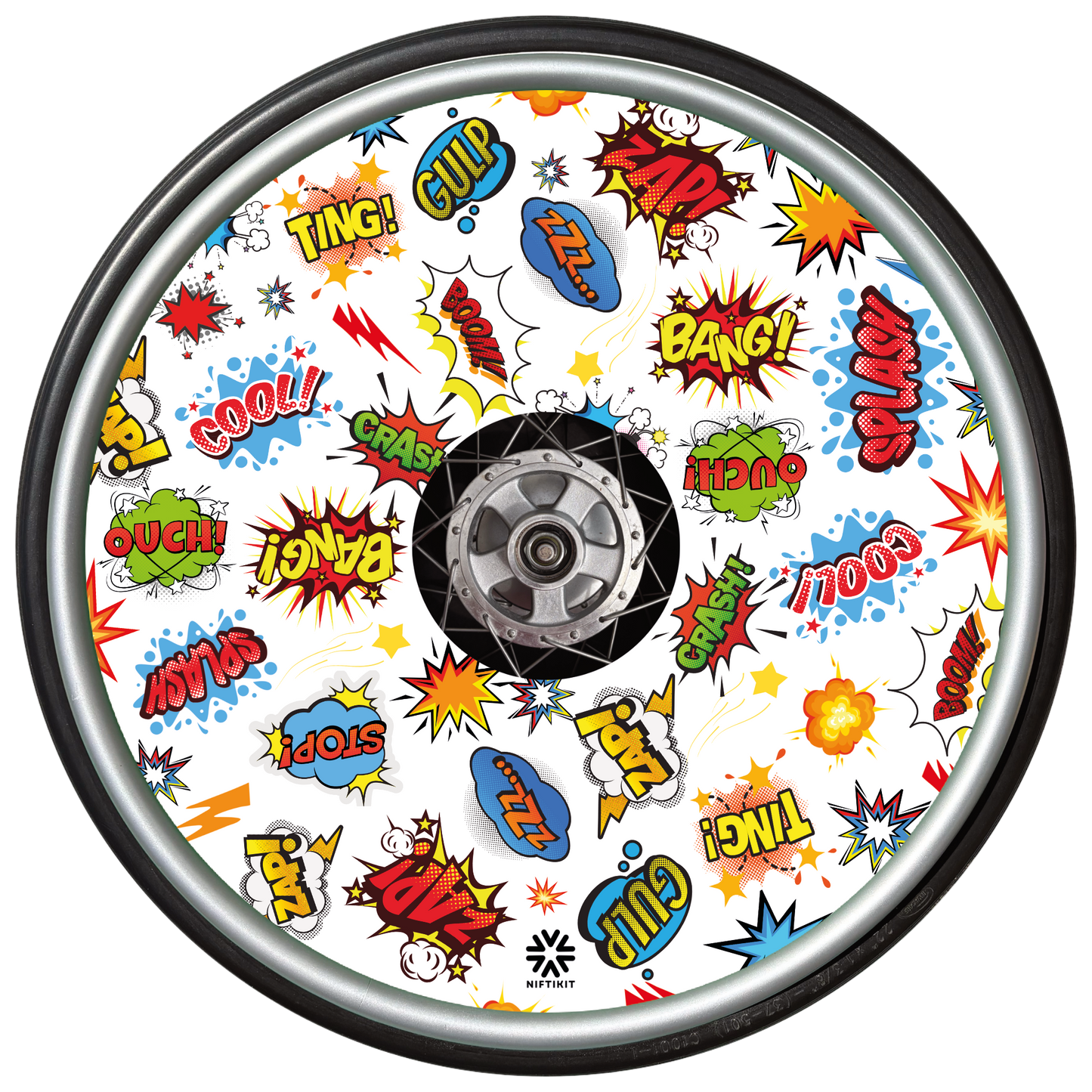 Whizz Pop wheel cover with colorful comic book sound effect graphics on a white background.