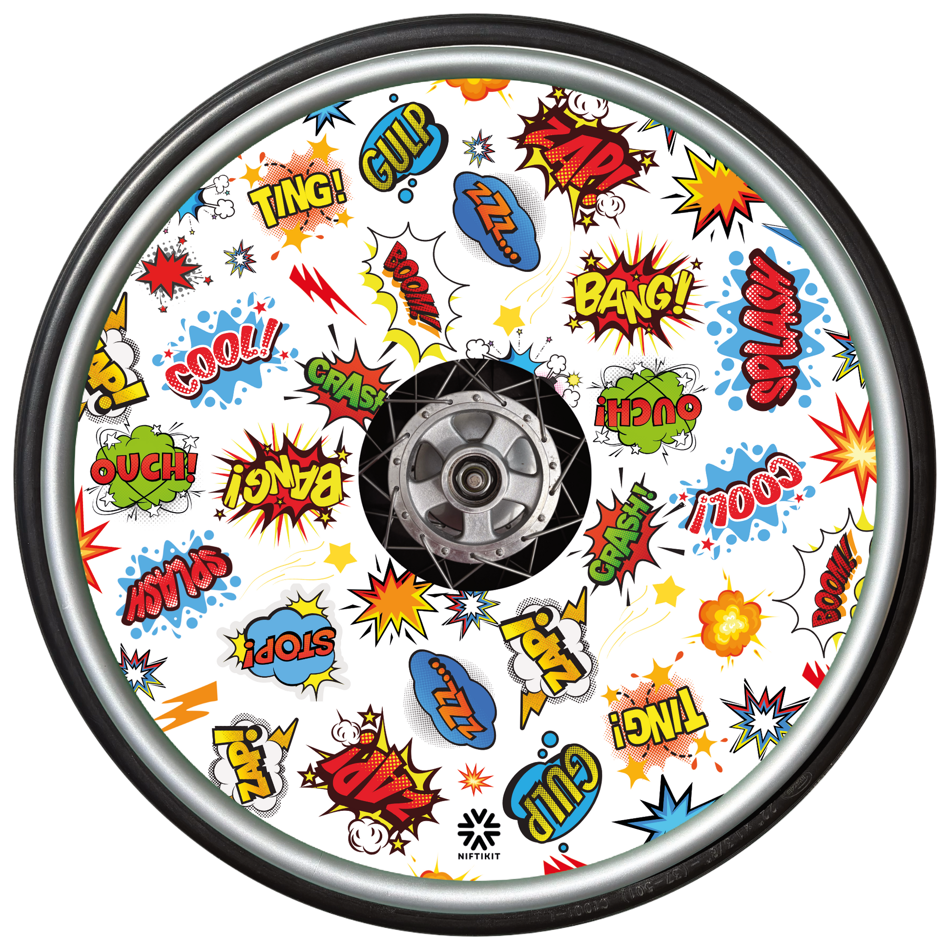 Whizz Pop wheel cover with colorful comic book sound effect graphics on a white background.