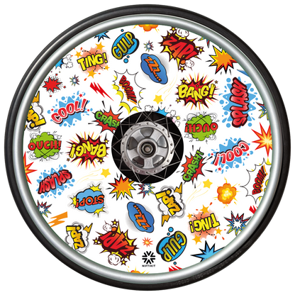 Whizz Pop wheel cover with colorful comic book sound effect graphics on a white background.