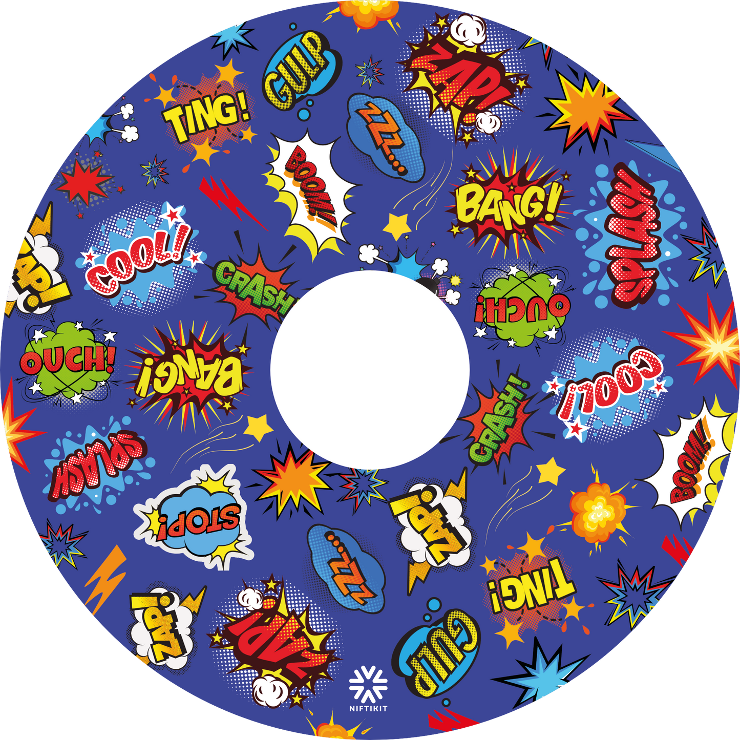 “Whizz Pop Bang wheelchair spoke guard  – blue comic sound effect  design – Niftikit