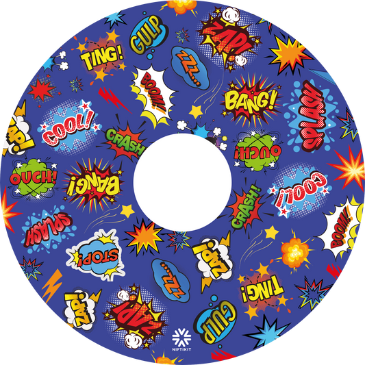 “Whizz Pop Bang wheelchair spoke guard  – blue comic sound effect  design – Niftikit