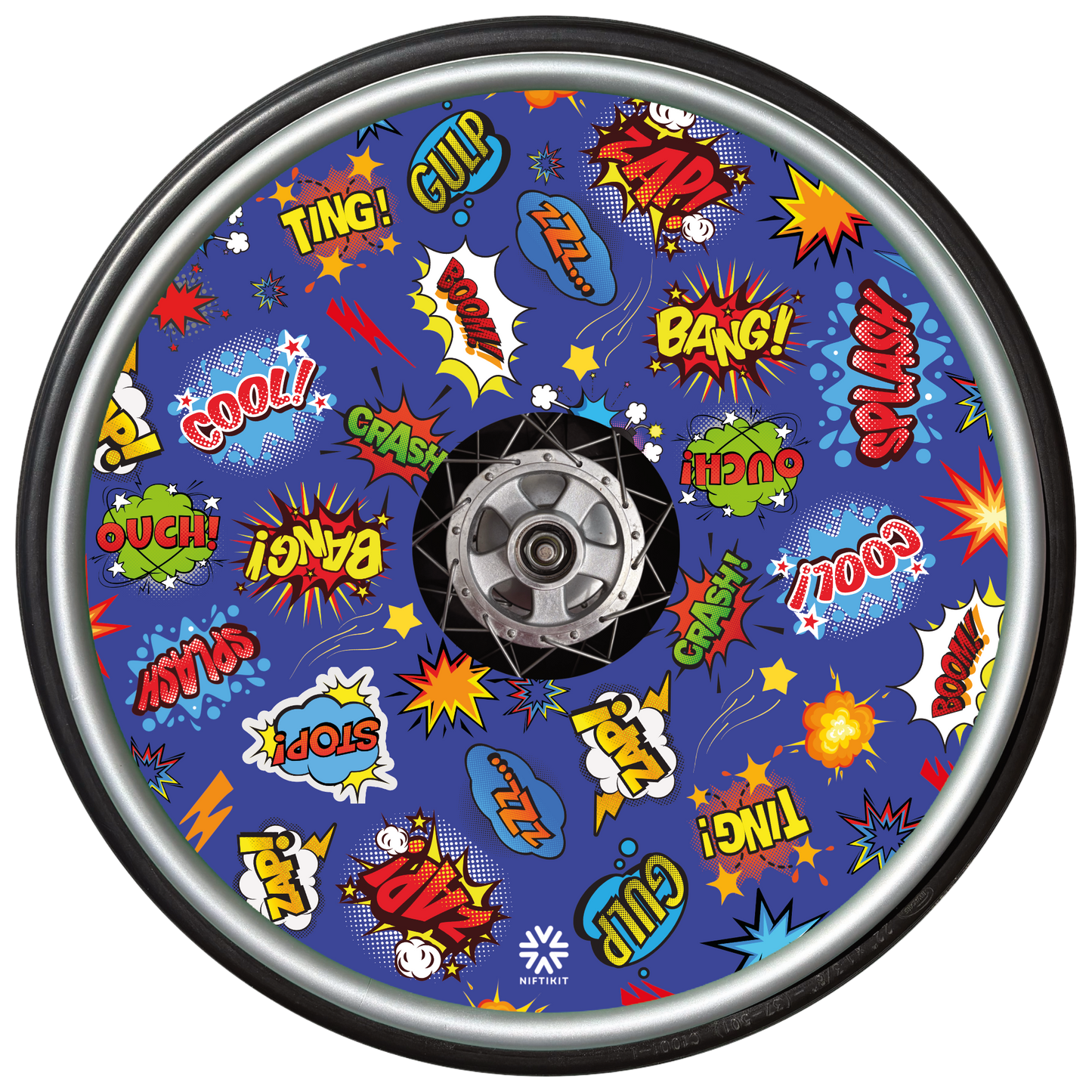 “Whizz Pop Bang wheelchair wheel cover – blue comic sound effect  design – Niftikit