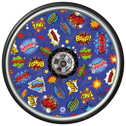 “Whizz Pop Bang wheelchair wheel cover – blue comic sound effect  design – Niftikit