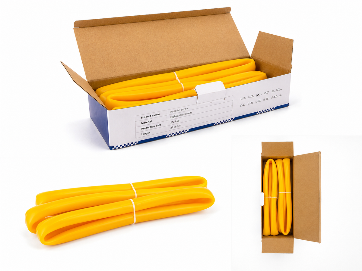Pair of yellow silicone wheelchair rim covers, boexed and unboxed flexible pushrim covers for wheelchair handrims