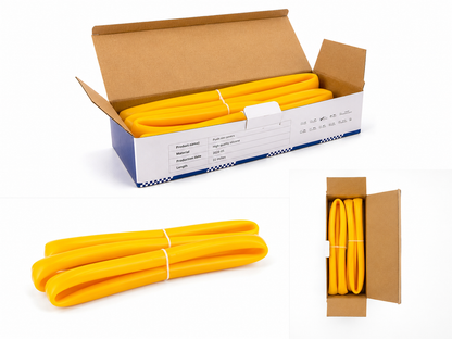 Pair of yellow silicone wheelchair rim covers, boexed and unboxed flexible pushrim covers for wheelchair handrims