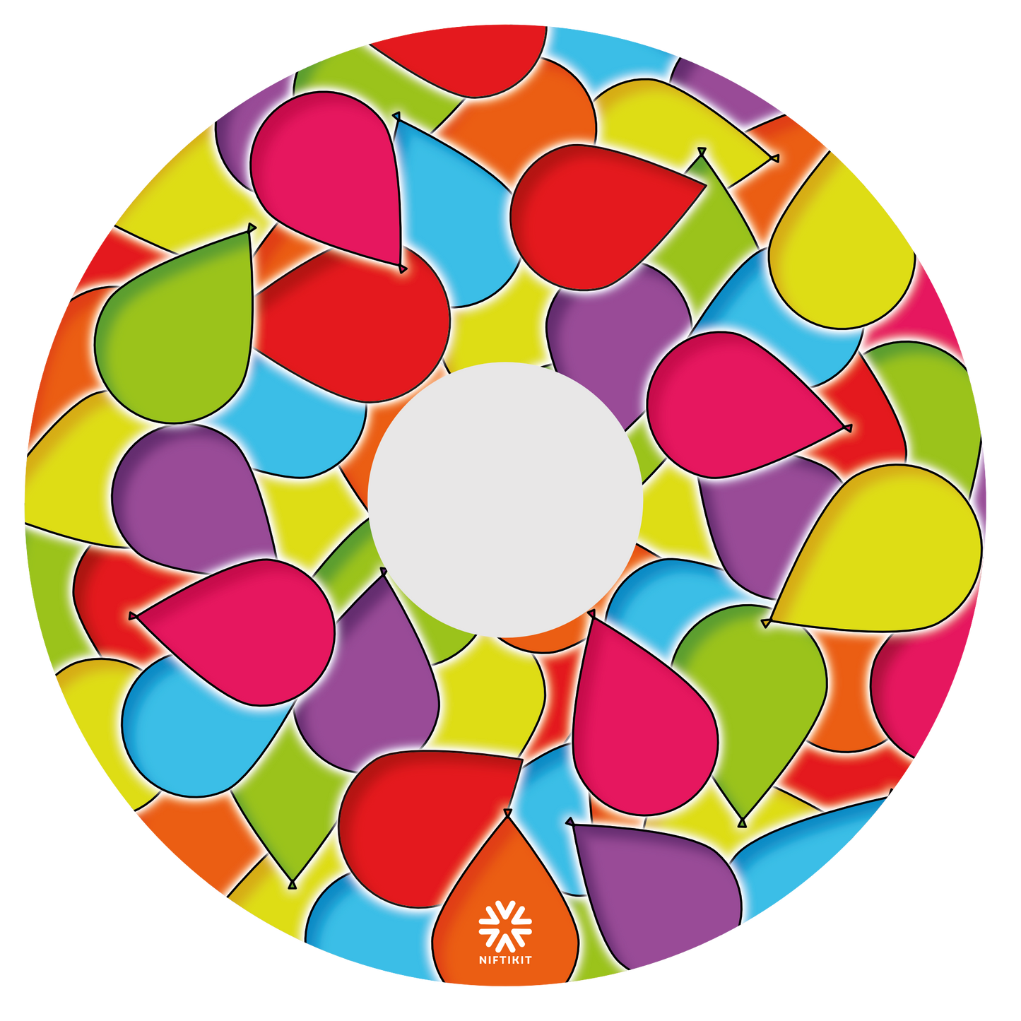 Spoke guard cover, which is covered in many multi coloured balloons in dark pink, yellow, green, blue, purple and red. 