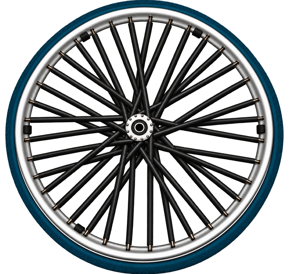 Black wheelchair spoke covers fitted to the spokes of a wheelchair wheel.