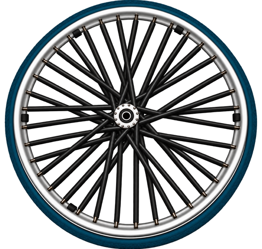 Black wheelchair spoke covers fitted to the spokes of a wheelchair wheel.