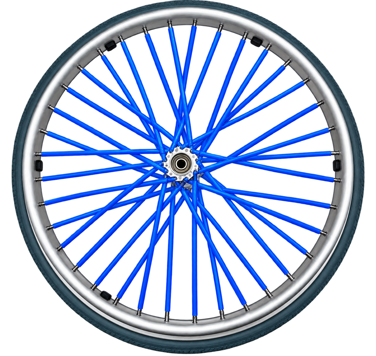 Blue wheelchair spoke covers fitted to the spokes of a wheelchair wheel.