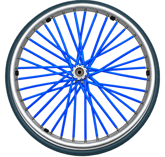 Blue wheelchair spoke covers fitted to the spokes of a wheelchair wheel.