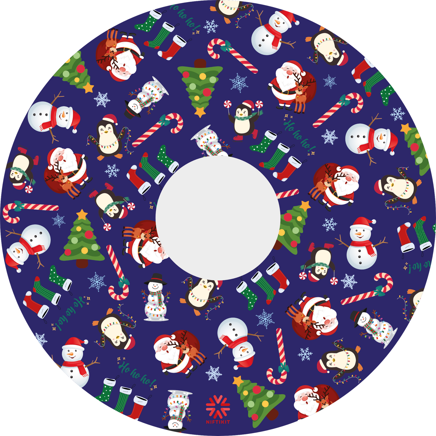 Wheelchair spoke cover with Christmas-themed cartoon  pattern on a blue background