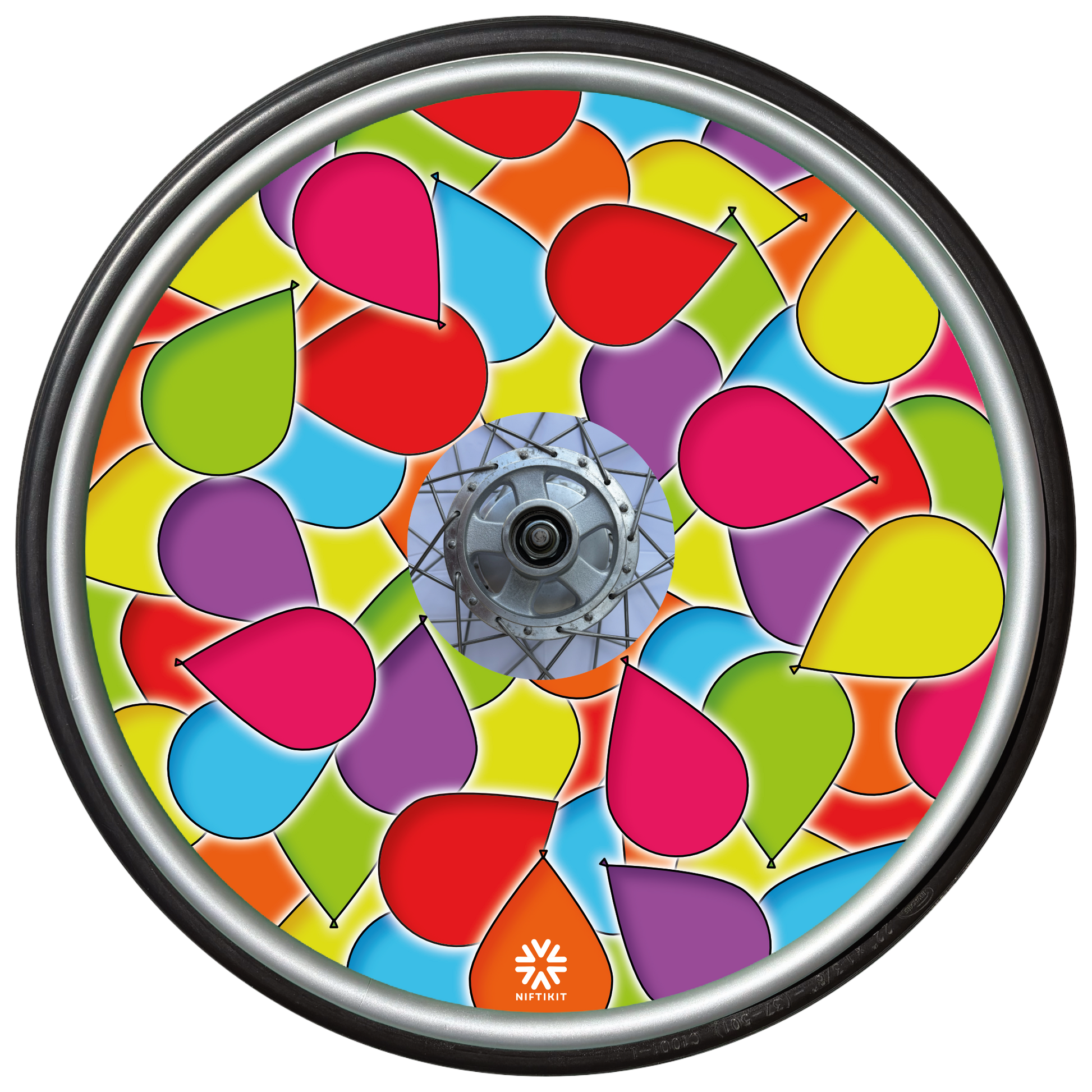 Spoke guard cover, which is covered in many multi coloured balloons in dark pink, yellow, green, blue, purple and red on a wheelchair wheel. 