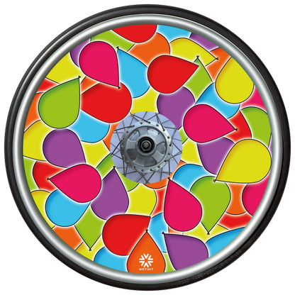 Spoke guard cover, which is covered in many multi coloured balloons in dark pink, yellow, green, blue, purple and red on a wheelchair wheel. 