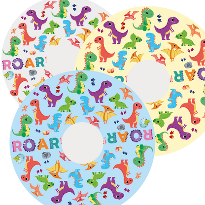 Three dinosaur themed spoke guard covers for wheelchairs. three different background colours including white, blue and cream. 