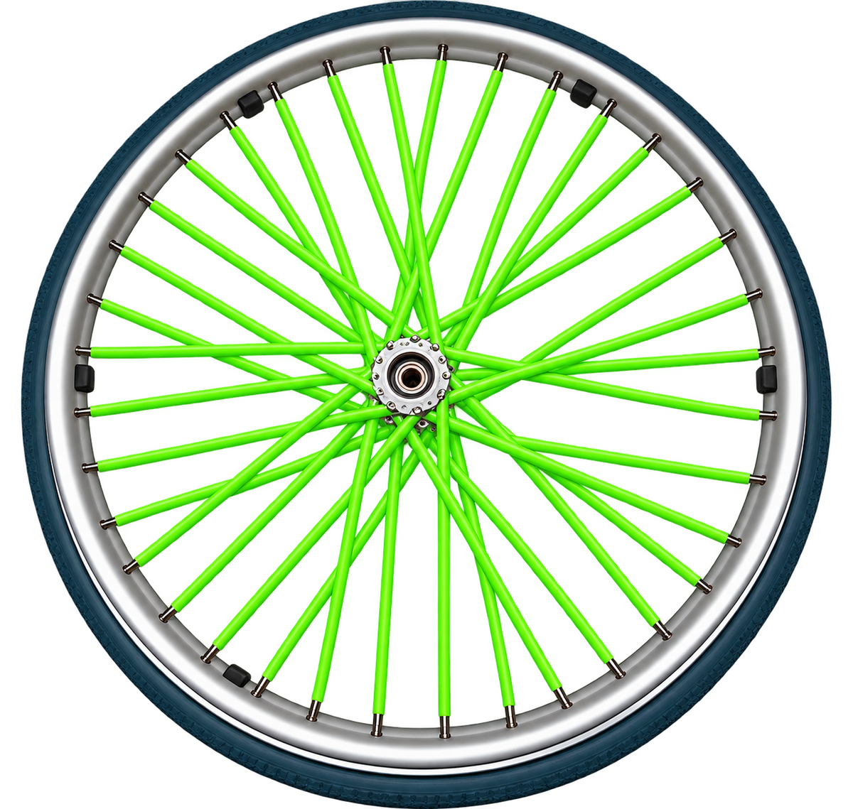 Fluorescent green wheelchair spoke covers fitted to the spokes of a wheelchair wheel.