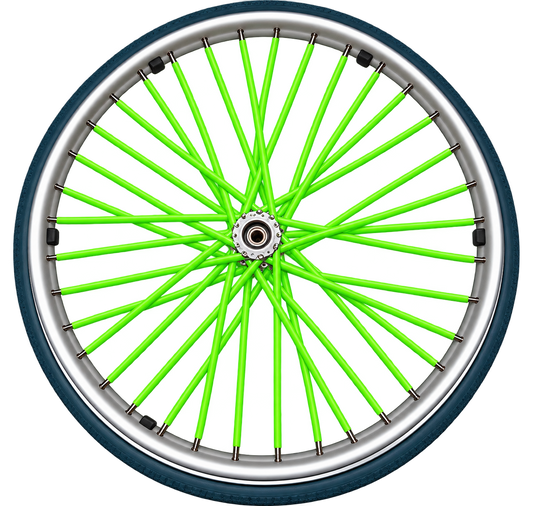Fluorescent green wheelchair spoke covers fitted to the spokes of a wheelchair wheel.