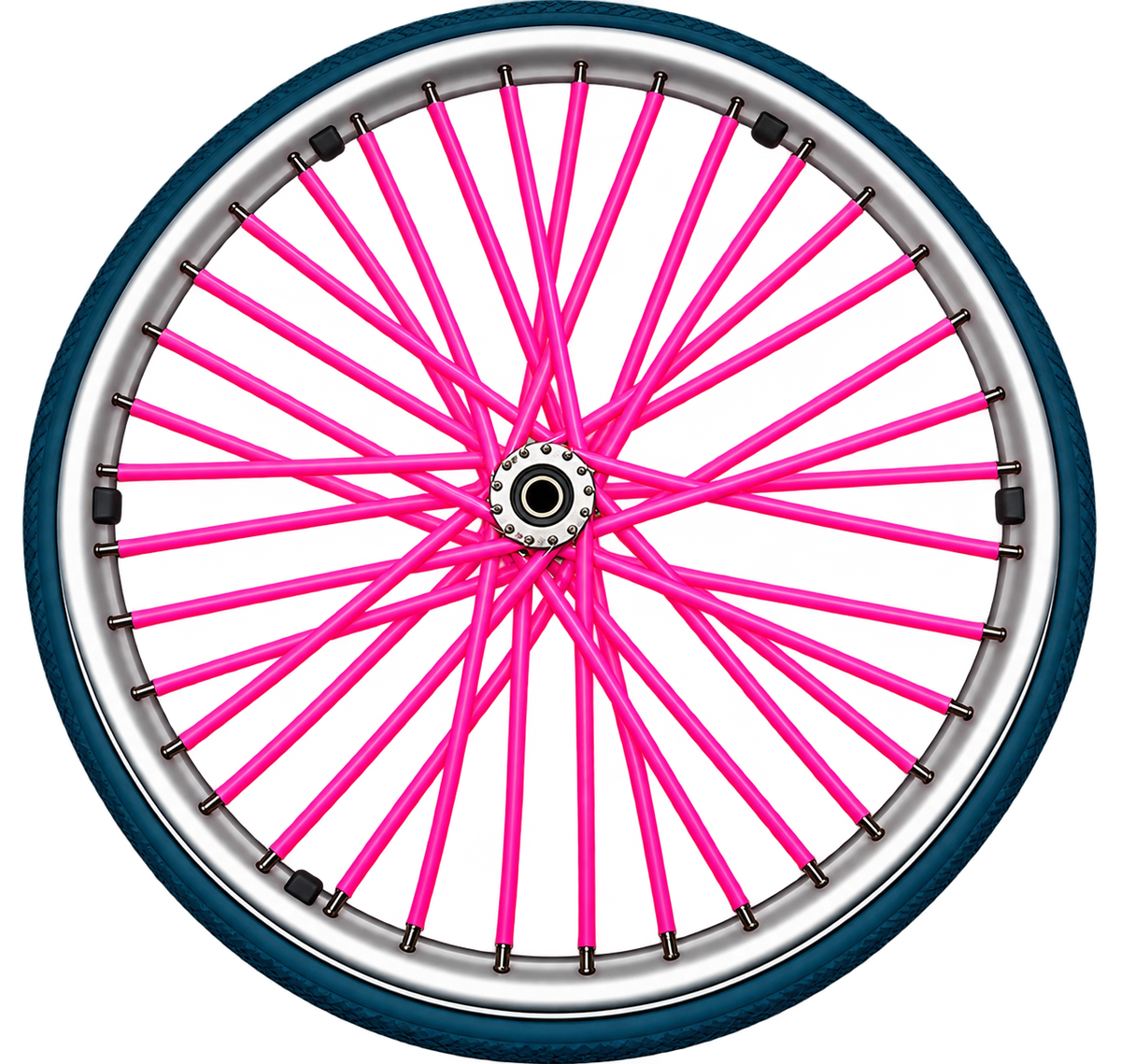 Fluorescent pink wheelchair spoke skins fitted to the spokes of a wheelchair wheel.
