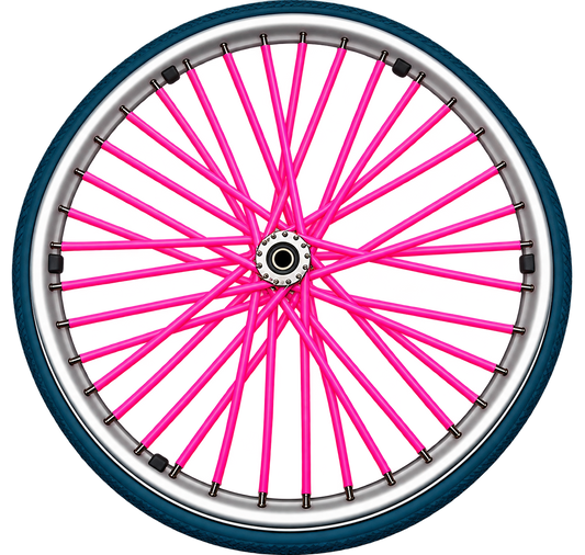 Fluorescent pink wheelchair spoke skins fitted to the spokes of a wheelchair wheel.