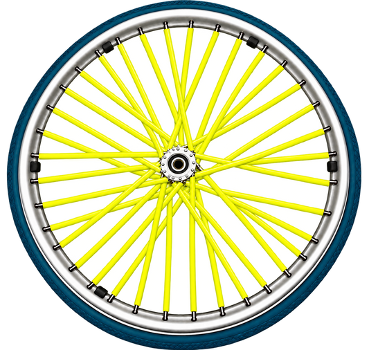 Fluorescent yellow wheelchair spoke covers fitted to the spokes of a wheelchair wheel.