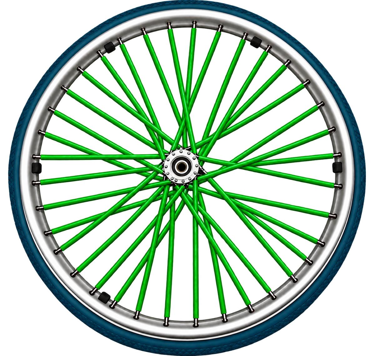 Green wheelchair spoke covers fitted to the spokes of a wheelchair wheel.