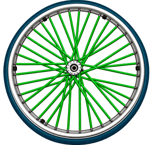 Green wheelchair spoke covers fitted to the spokes of a wheelchair wheel.