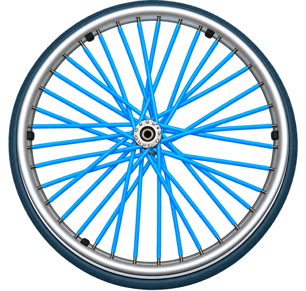 Light blue wheelchair spoke covers fitted to the spokes of a wheelchair wheel.