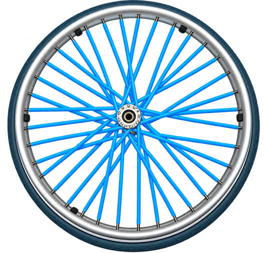 Light blue wheelchair spoke covers fitted to the spokes of a wheelchair wheel.