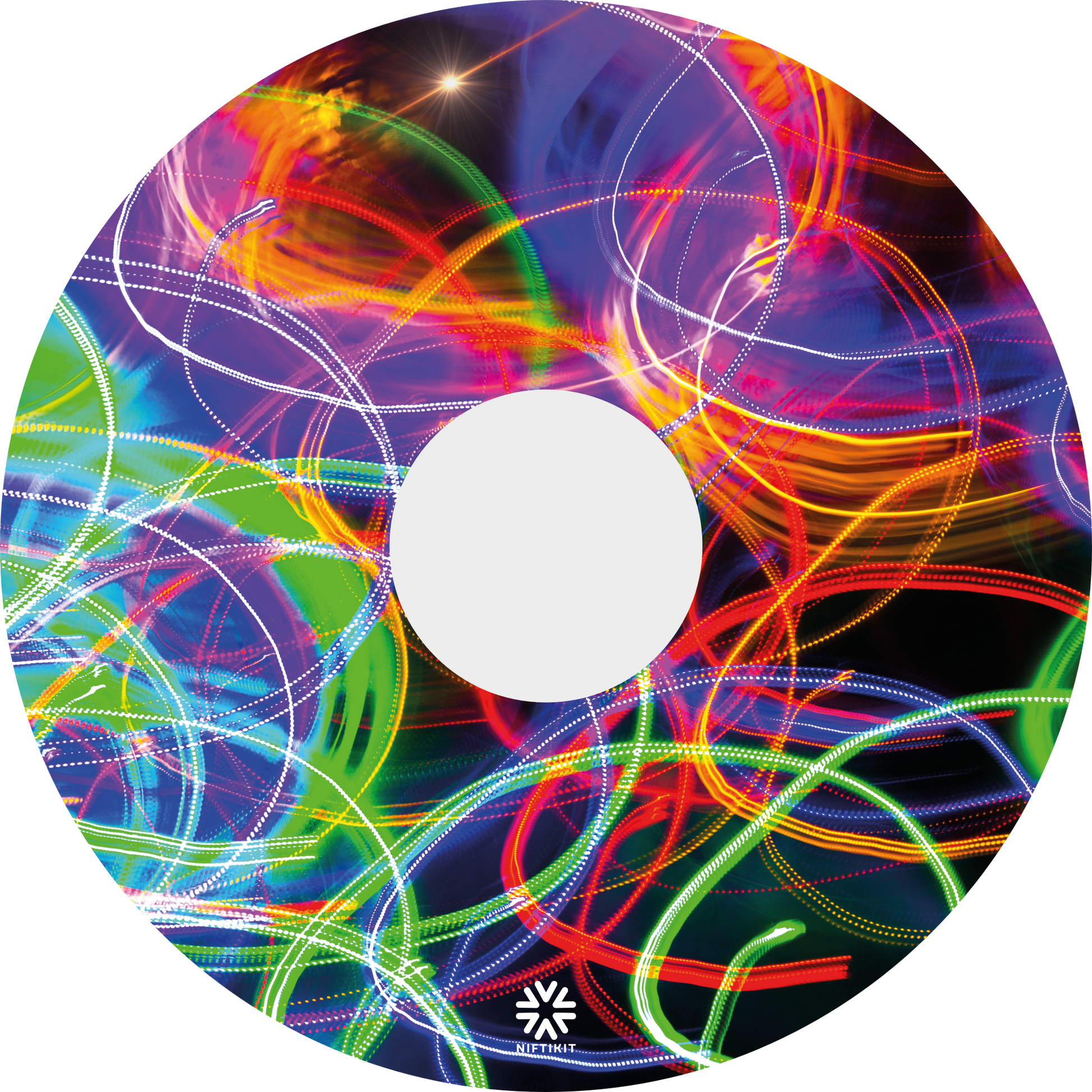 Wheelchair spoke guard cover with 135mm centre cutout showing bright long exposure colourful light trails and Niftikit LTD logo in white at the bottom. 