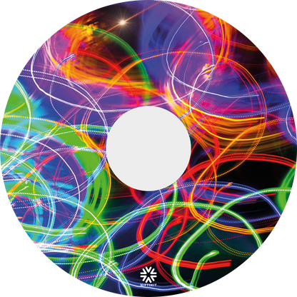 Wheelchair spoke guard cover with 135mm centre cutout showing bright long exposure colourful light trails and Niftikit LTD logo in white at the bottom. 