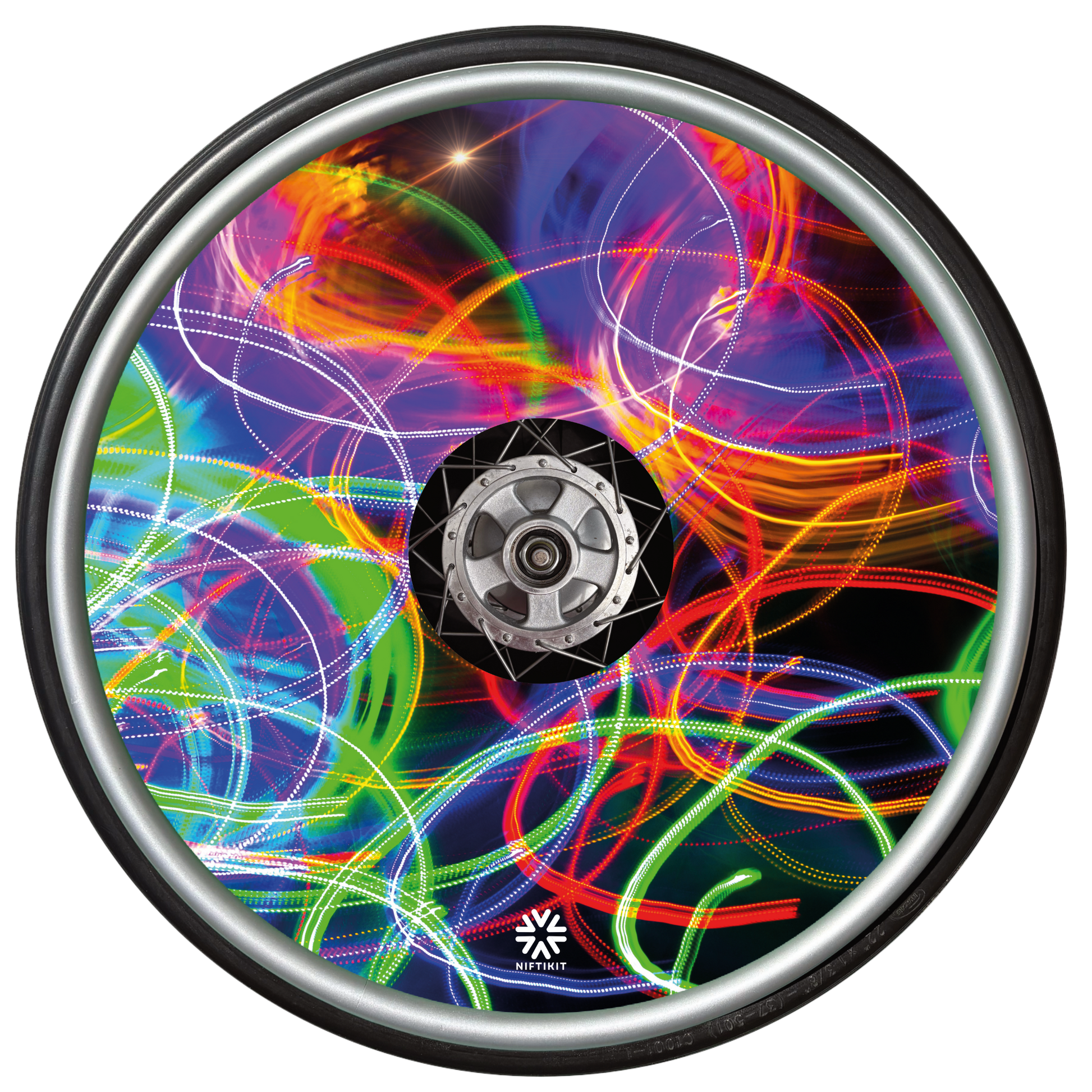 Wheelchair wheel with a spoke guard cover showing bright long exposure colourful light trails and Niftikit LTD logo in white at the bottom. 
