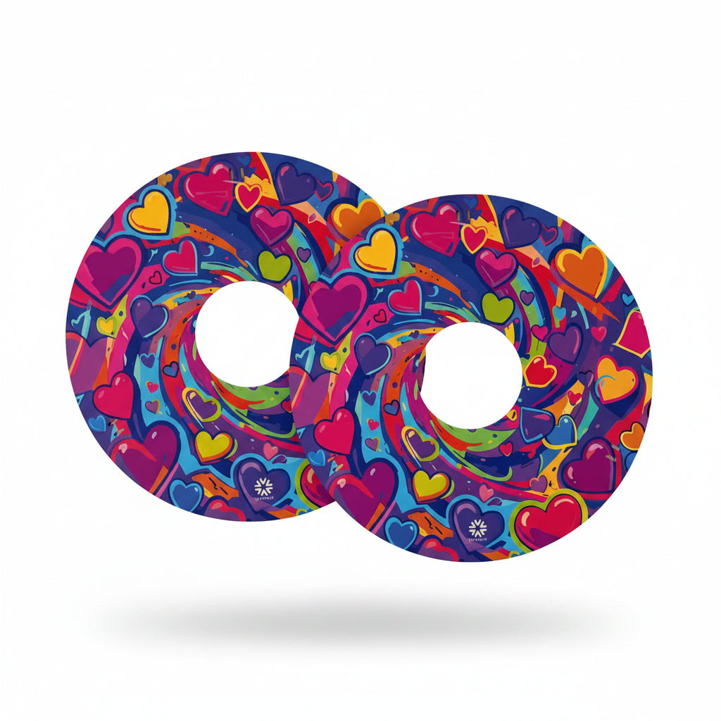 Reversible spoke guards side one shows pink, blue, purple, green, yellow hearts swirling against a purple blue background with Niftikit logo. 