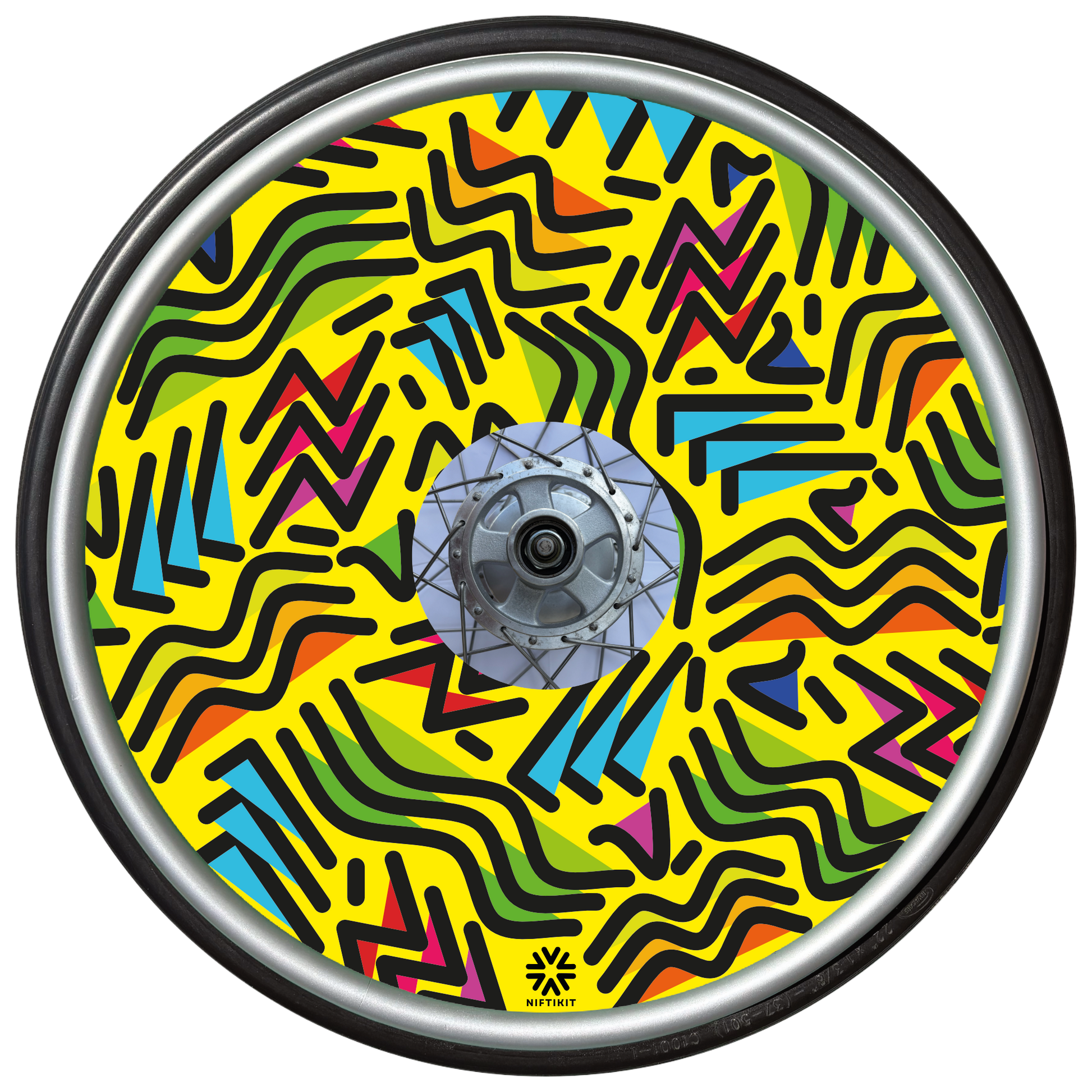 Wheelchair wheel with spoke guard featuring geometric lines of varying shapes and lengths on a yellow background 