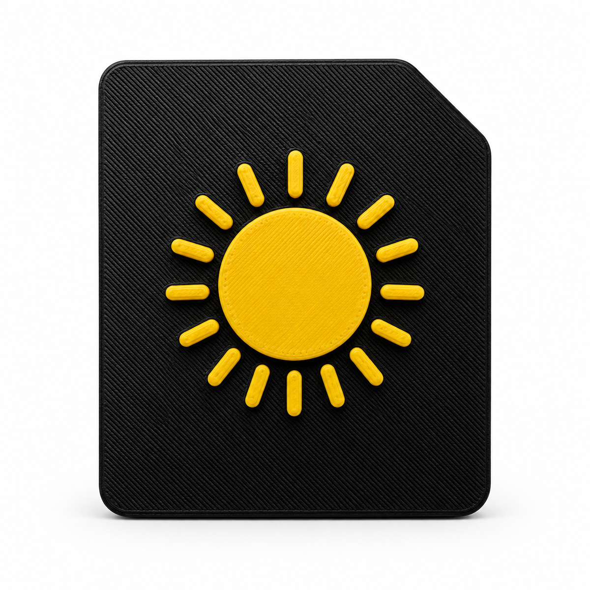 A 3D tactile weather symbol on black high contrast tile. Showing a raised sun for sensory learning 