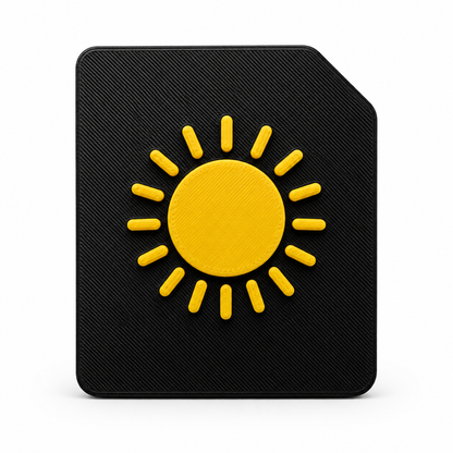 A 3D tactile weather symbol on black high contrast tile. Showing a raised sun for sensory learning 