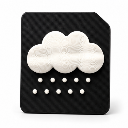 A 3D tactile hail weather symbol on black high contrast tile. Showing a raised cloud with hail for sensory learning, tactile discrimination for blind and visually impaired 