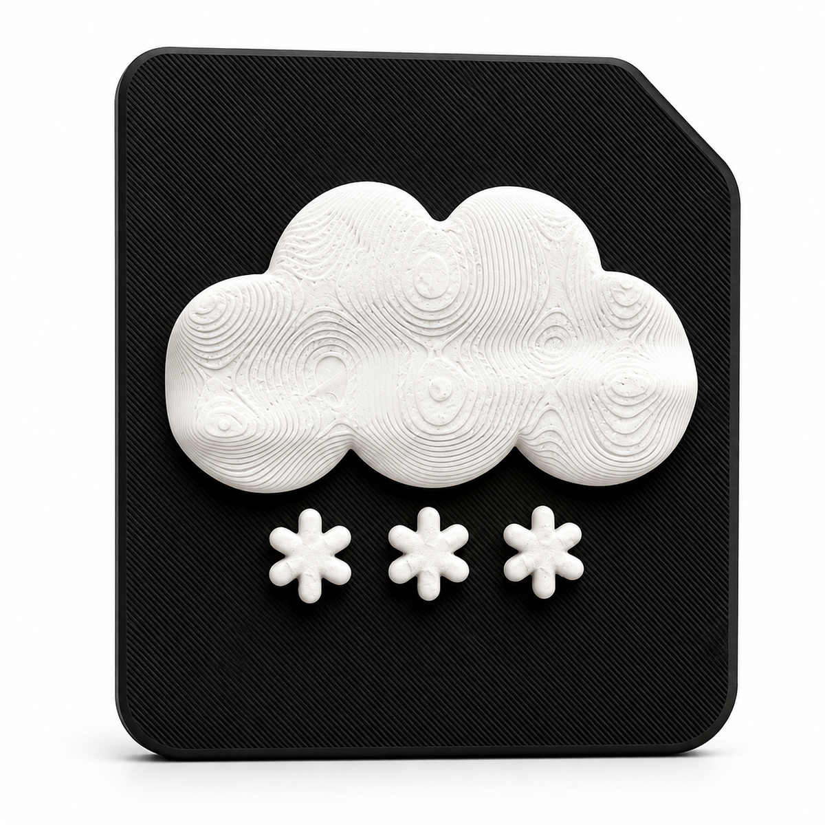 A 3D tactile snow weather symbol on black high contrast tile. Showing a raised cloud with snow for sensory learning, tactile discrimination for blind and visually impaired 