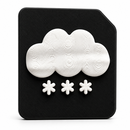 A 3D tactile snow weather symbol on black high contrast tile. Showing a raised cloud with snow for sensory learning, tactile discrimination for blind and visually impaired 