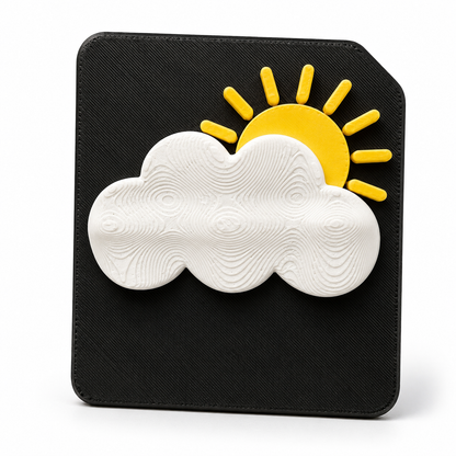 A 3D tactile sunny spells weather symbol on black high contrast tile. Showing a raised cloud with half sun for sensory learning, tactile discrimination for blind, CVI and visually impaired 